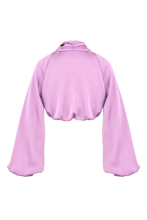 Deep-cut blouson top in silky satin with draped skirt