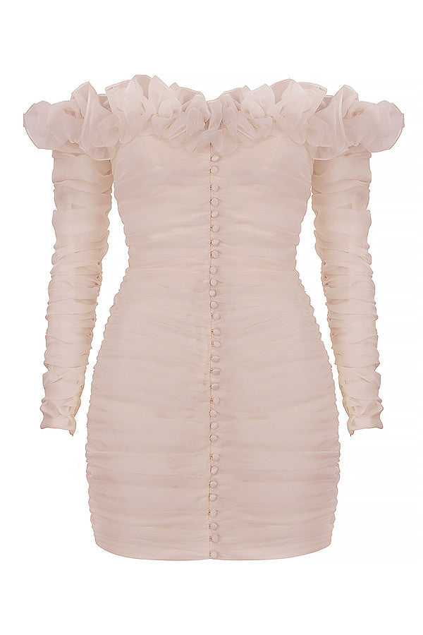 Ivory chiffon strapless dress with ruffles