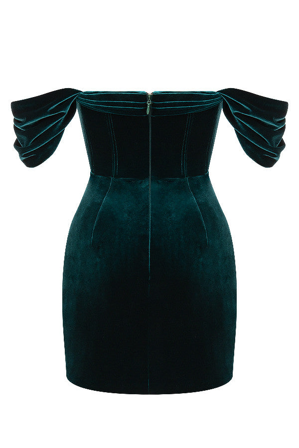 Emerald green off shoulder mini dress
