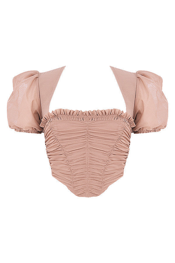 Brown mesh corset with puff sleeves and pleats