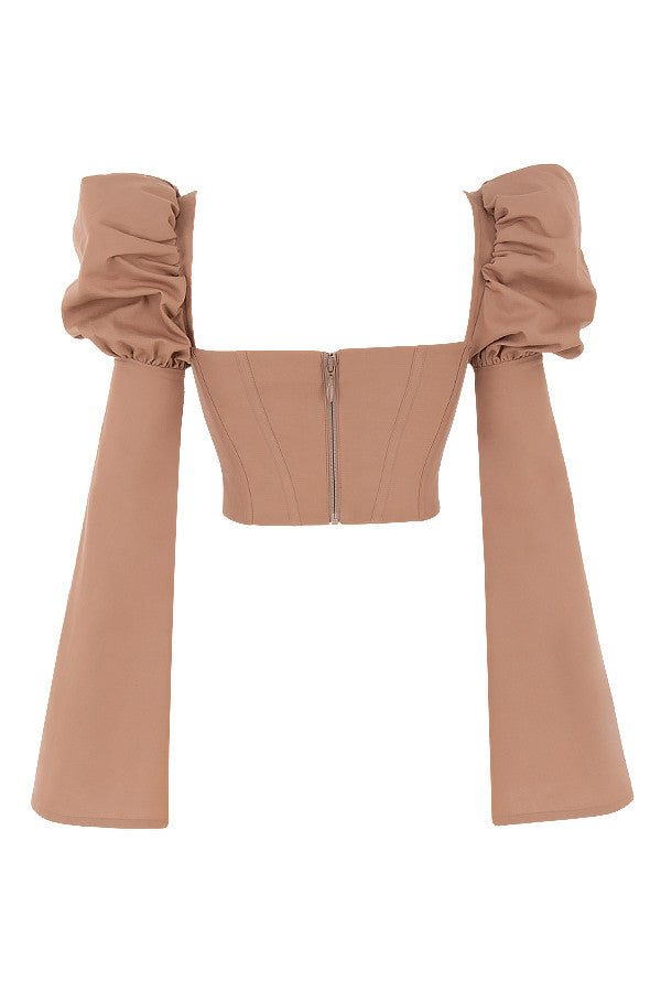 Mocha linen mix corset with flared sleeves