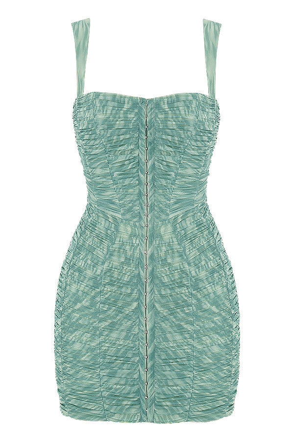 Mesh mini dress with crystals and ruffles