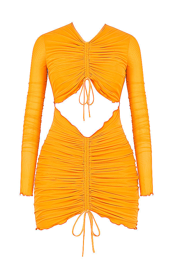Orange mesh mini dress with long sleeves and cut out with ruffles
