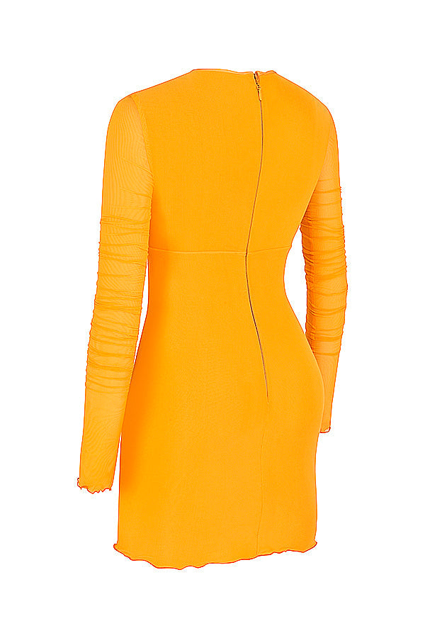 Orange mesh mini dress with long sleeves and cut out with ruffles