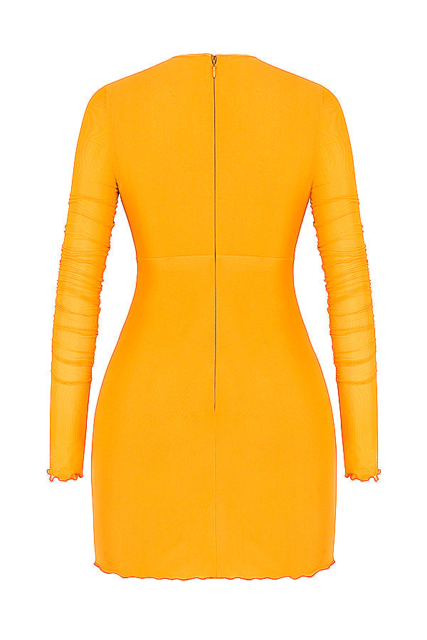Orange mesh mini dress with long sleeves and cut out with ruffles