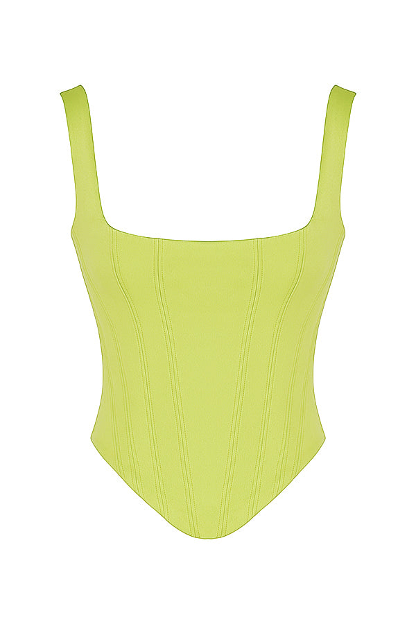 Long corset made of lime green satin