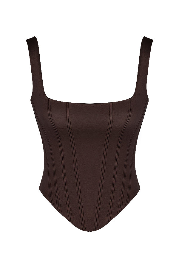 Long chocolate satin corset with cargo pants