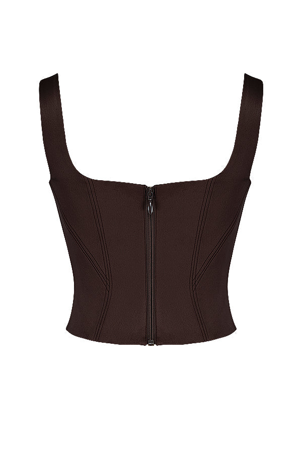 Long chocolate satin corset with cargo pants