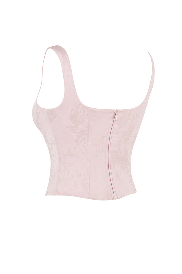 Pink floral satin longline corset with midi skirt