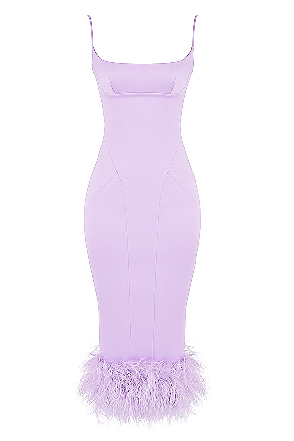 Orchid satin midi dress with feathers