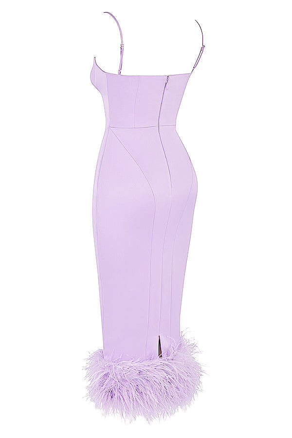 Orchid satin midi dress with feathers