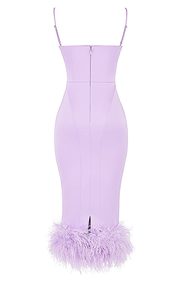 Orchid satin midi dress with feathers