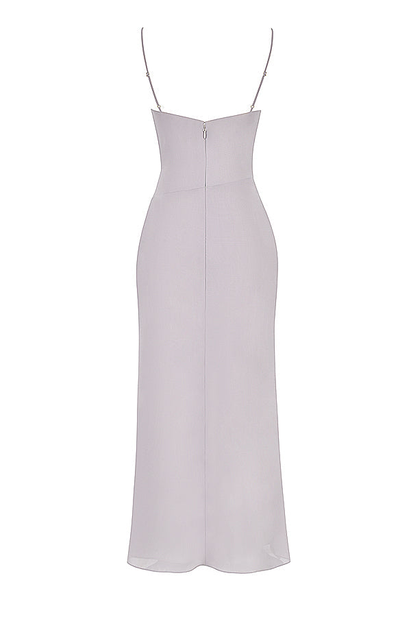 Gray satin underbust corset with flowy maxi dress