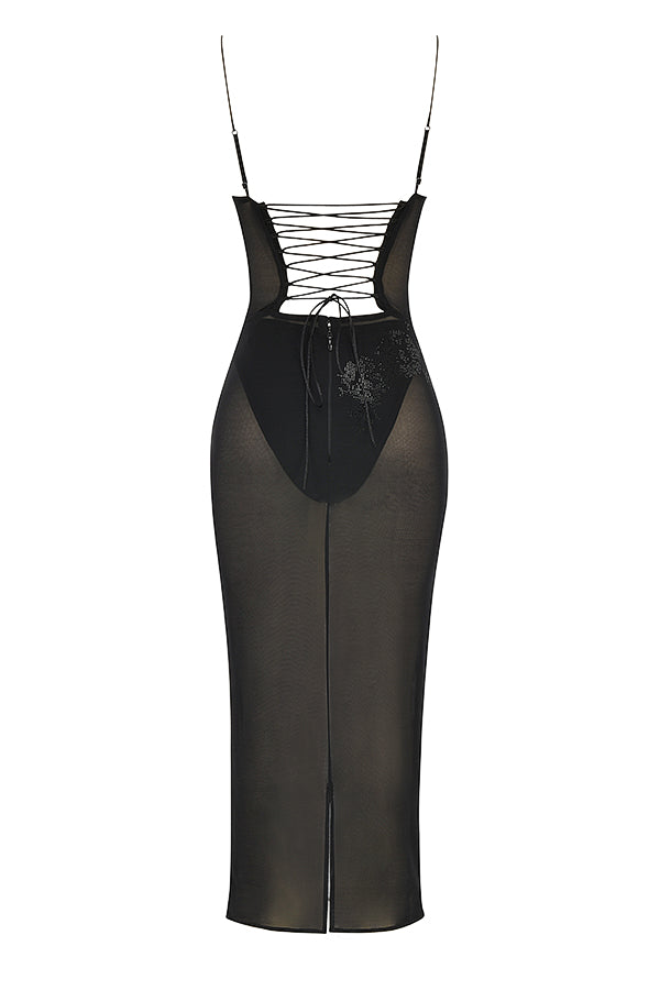 Black midi dress embellished with mesh crystals