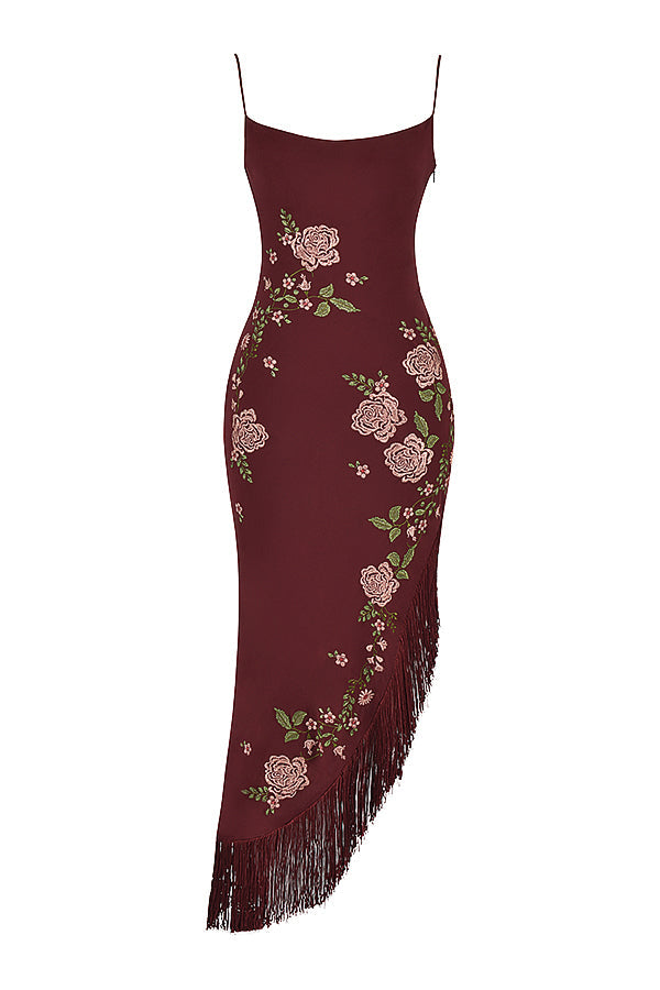 Wine-colored midi dress with embroidery