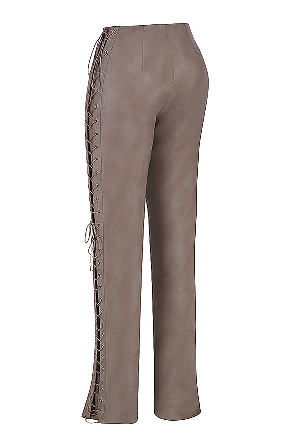 Smoke lace up corset with mocha vegan leather lace up pants