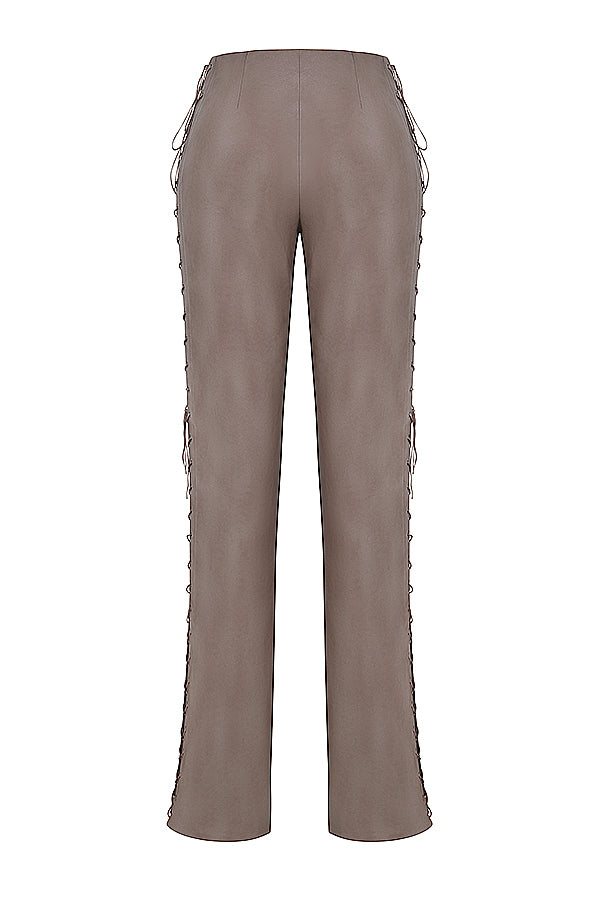 Smoke lace up corset with mocha vegan leather lace up pants