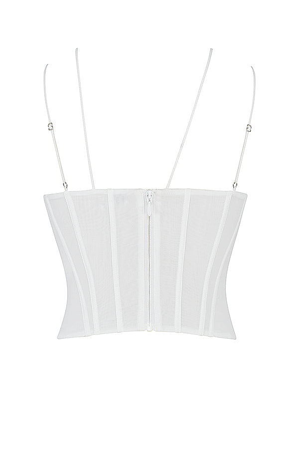 White chiffon corset with straps and floating layered mini skirt