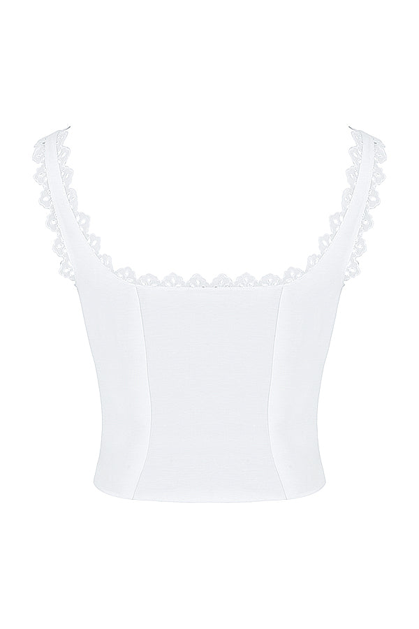 White lace top with linen A-line mini skirt