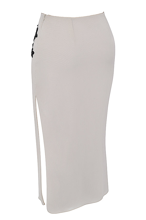 Champagne satin top with beaded midi skirt