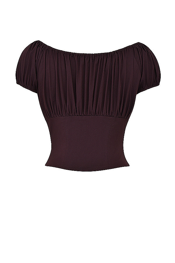 Top with ruffles in deep brown and midi skirt with ruffles