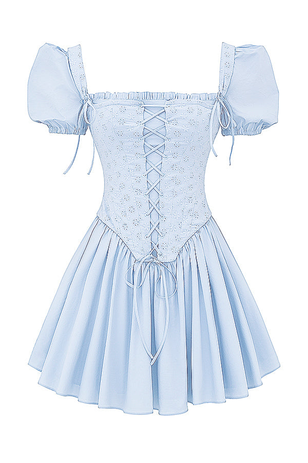 Soft blue corset mini dress with embroidery