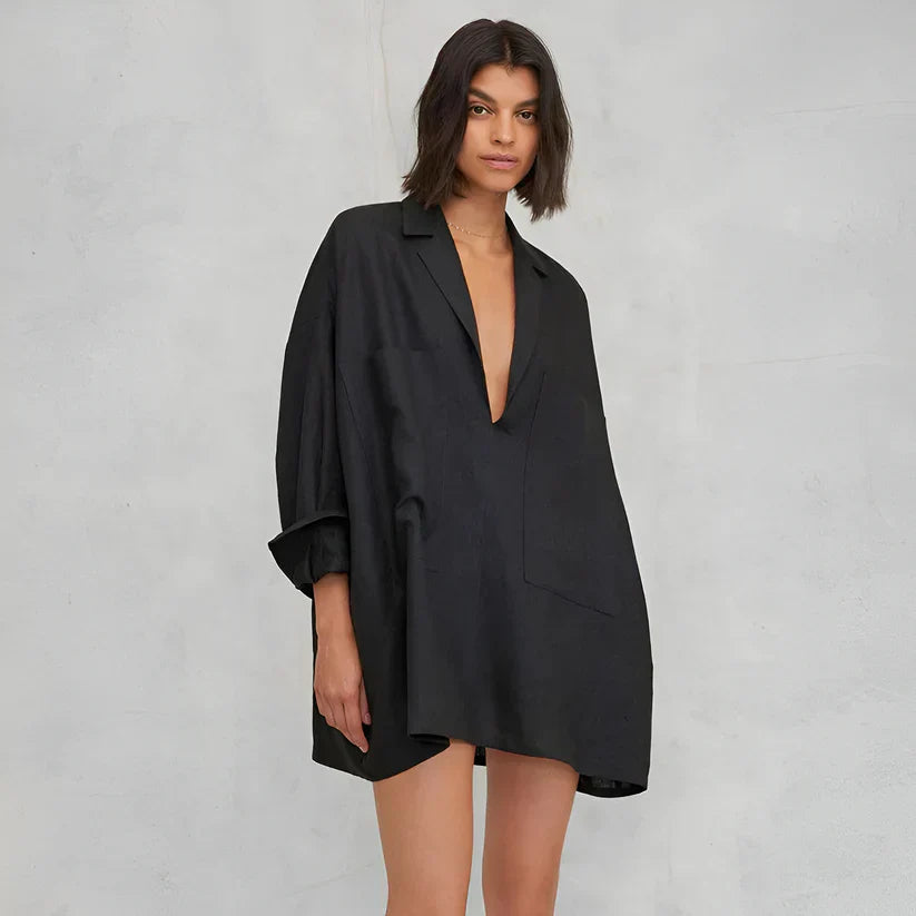 Deep V-Neck Nightdress In Black
