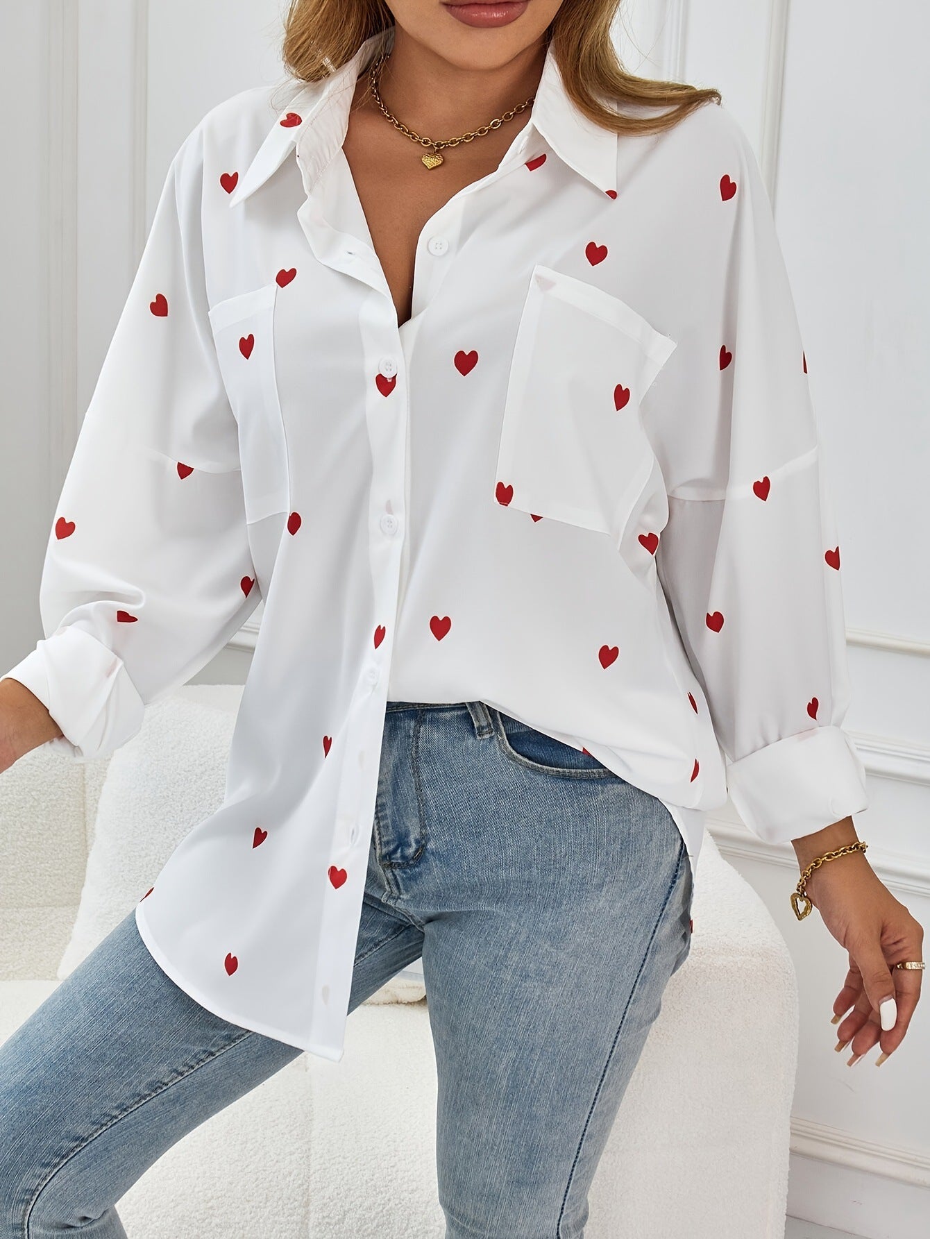 Heart Print Loose Shirt In White