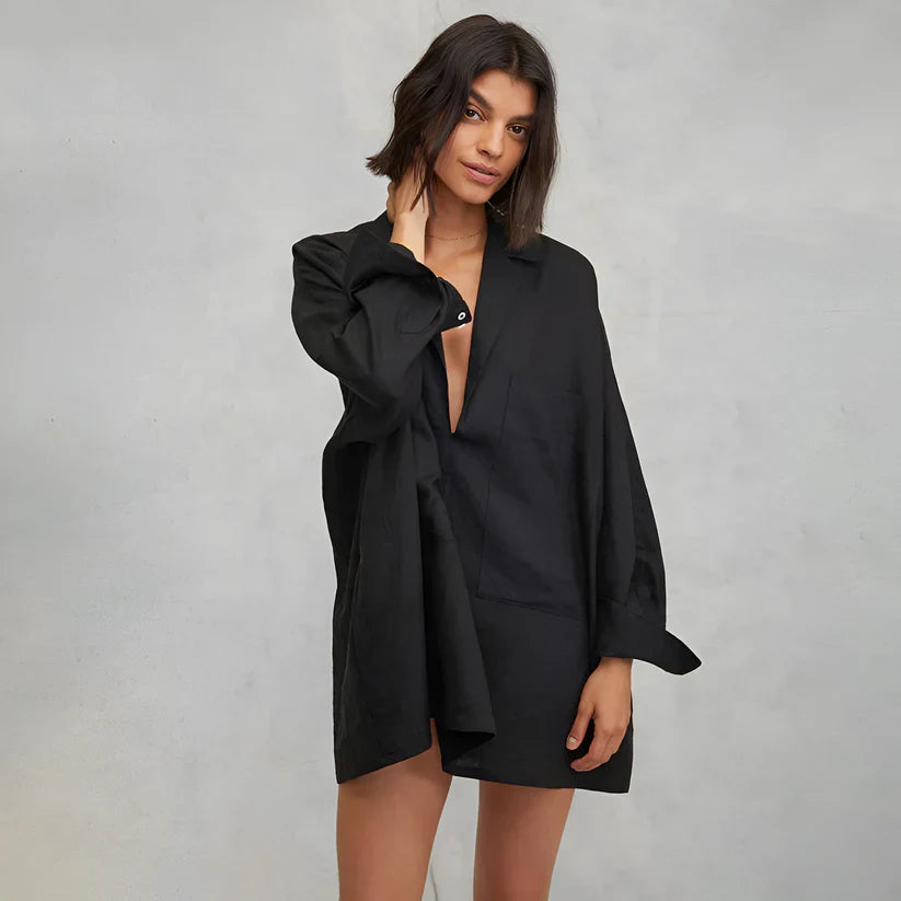 Deep V-Neck Nightdress In Black