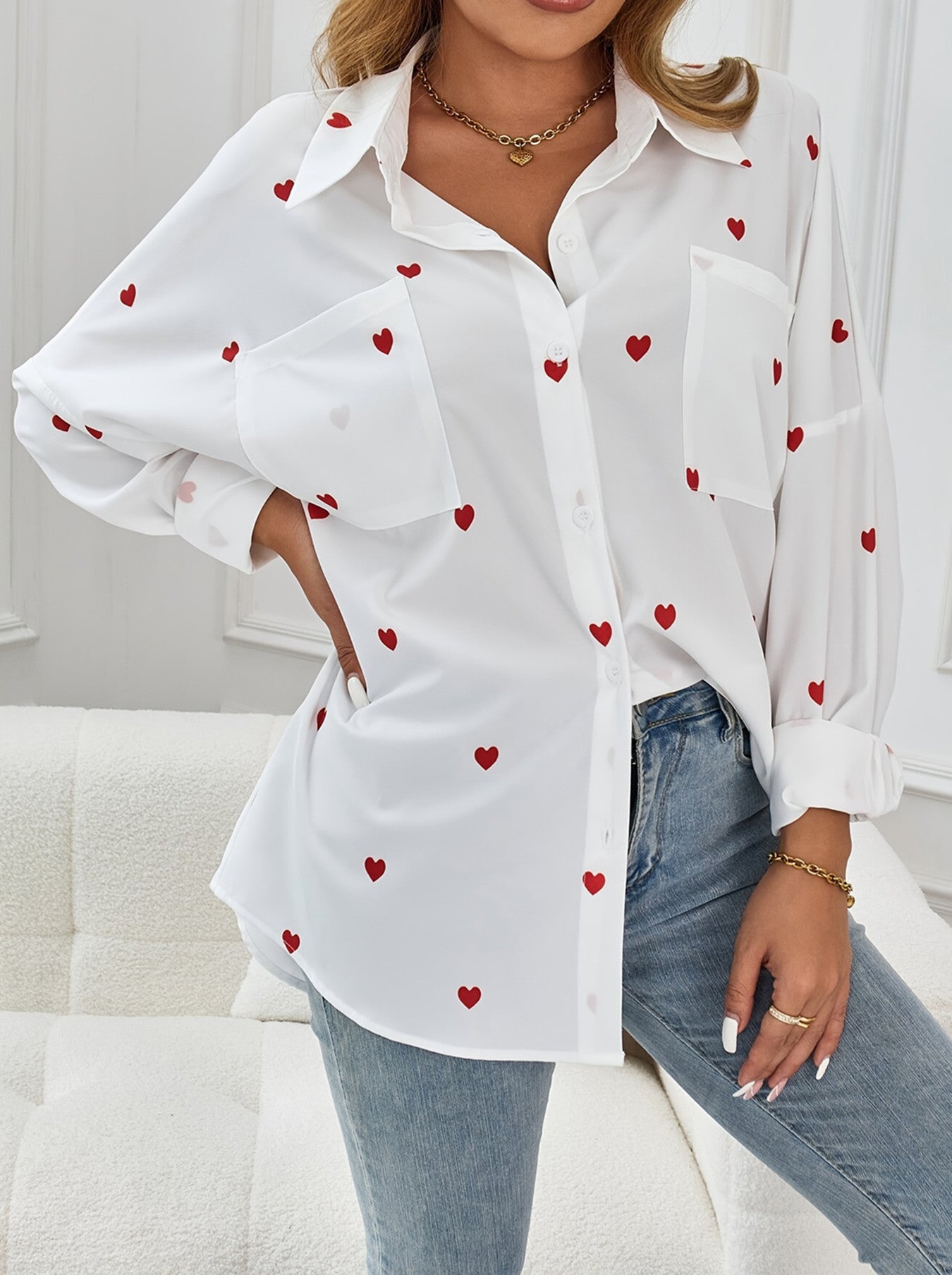 Heart Print Loose Shirt In White