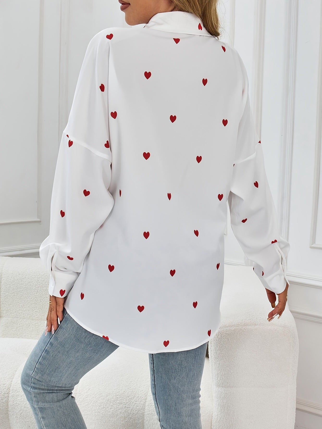 Heart Print Loose Shirt In White