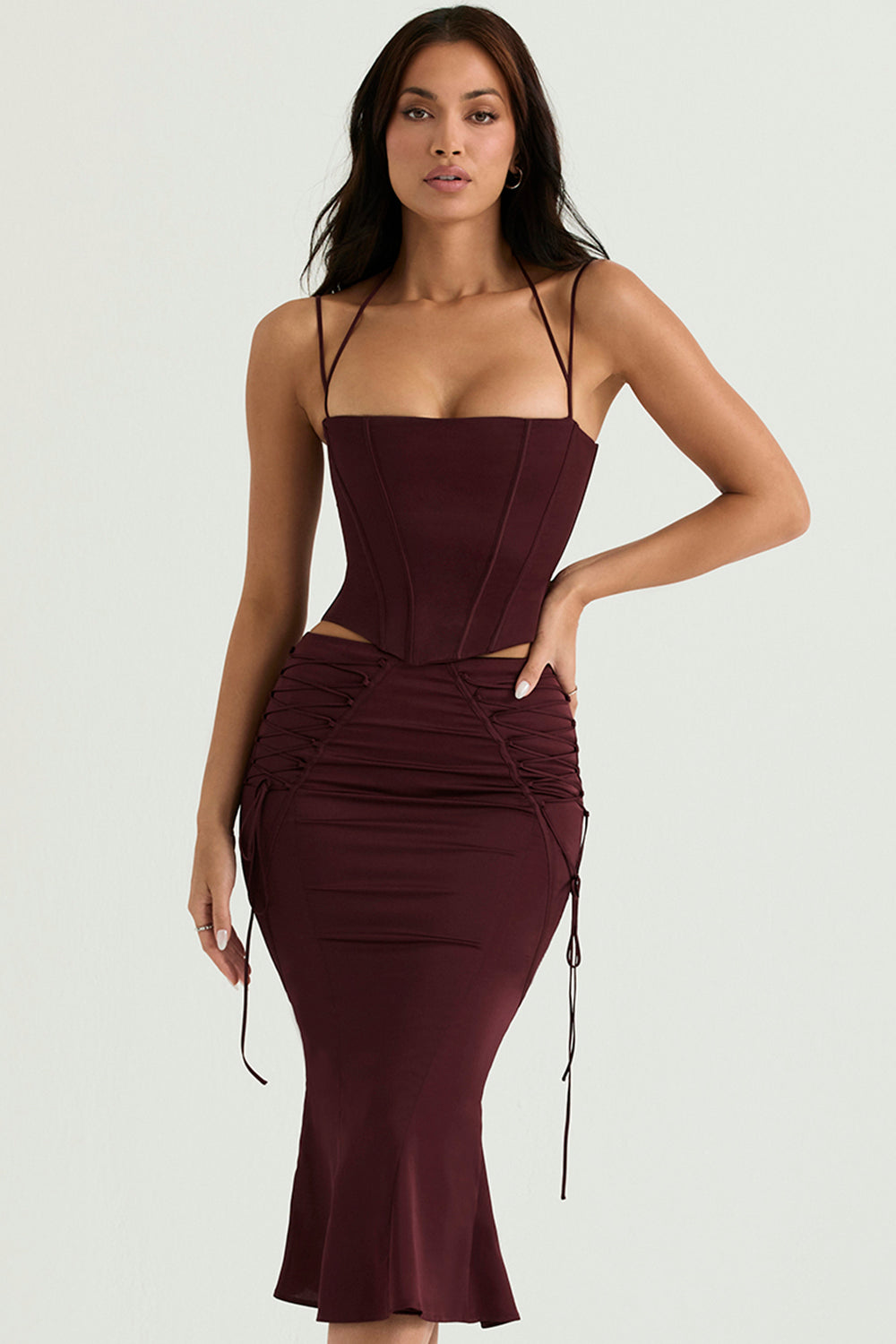Satin corset with lace-up midi skirt