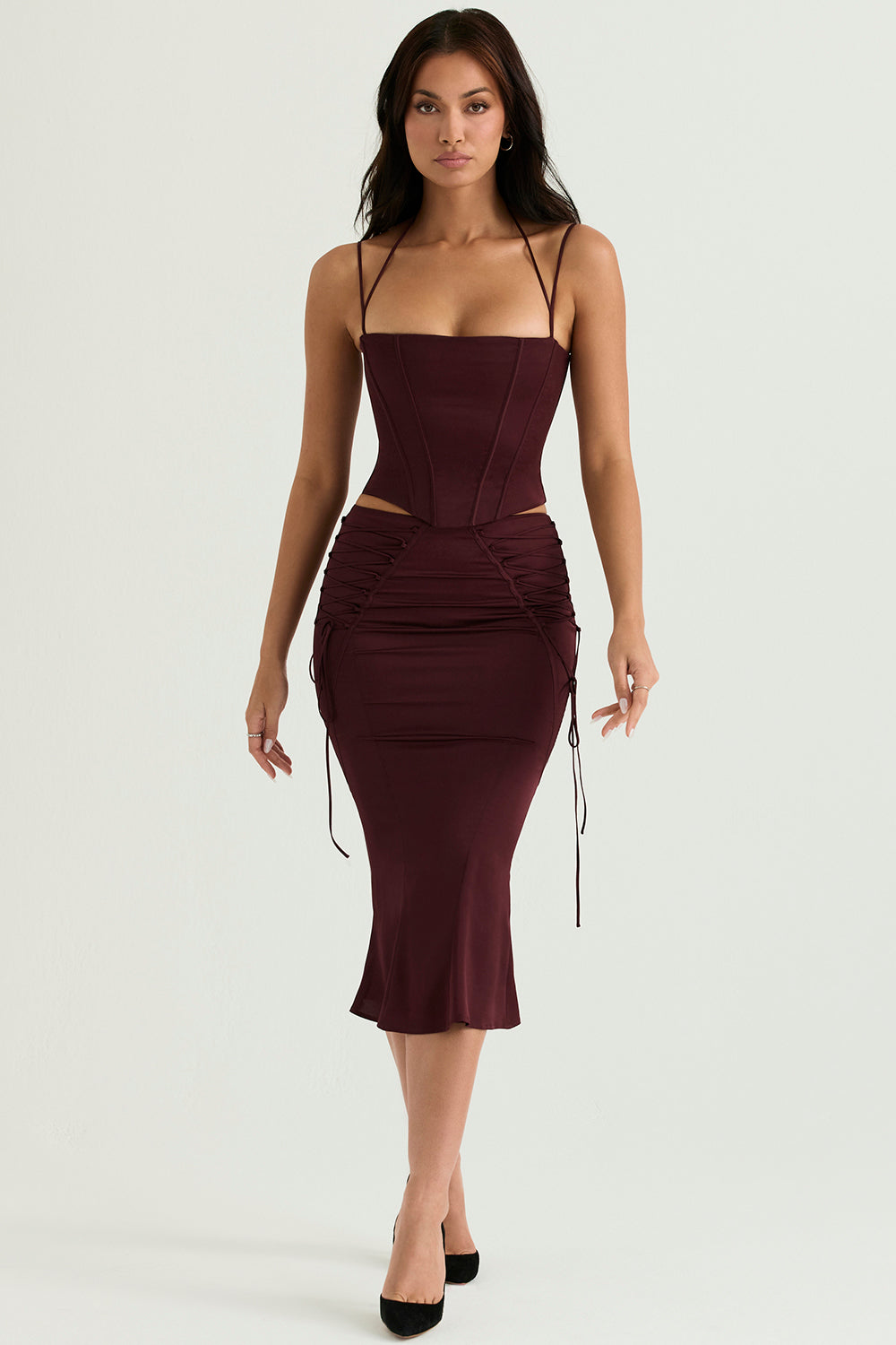 Satin corset with lace-up midi skirt