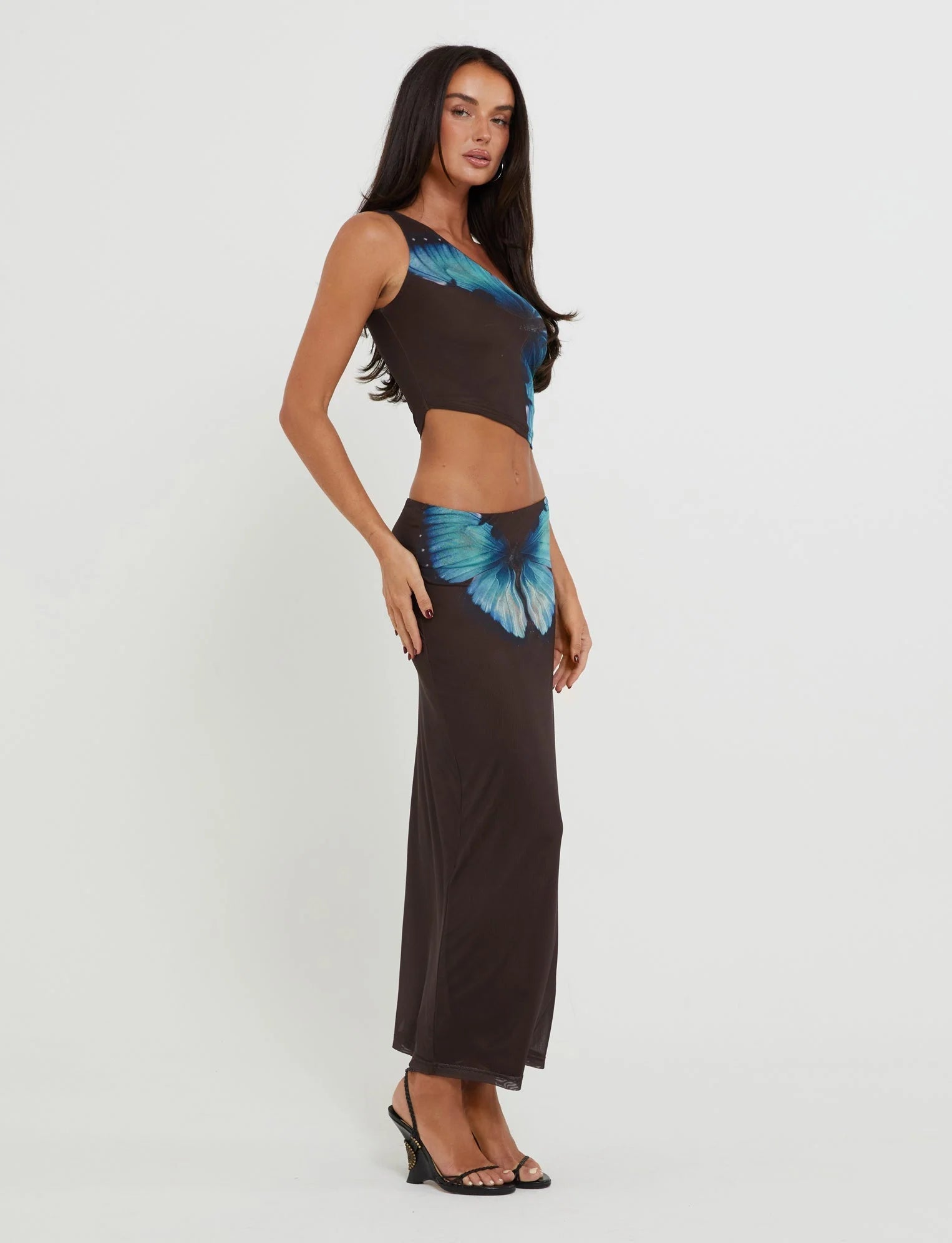 Butterfly Maxi Skirt With One Shoulder Top In Brown