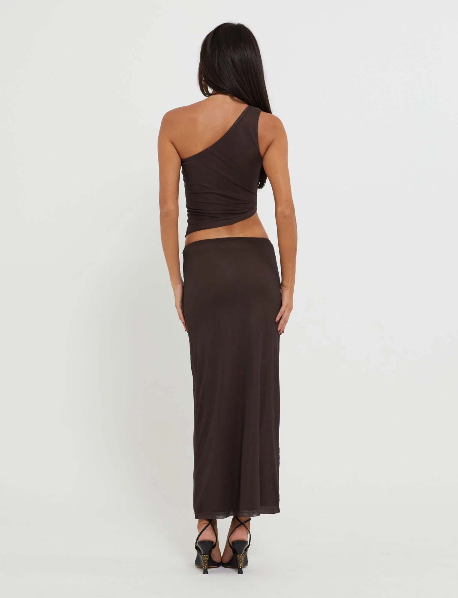 Butterfly Maxi Skirt With One Shoulder Top In Brown
