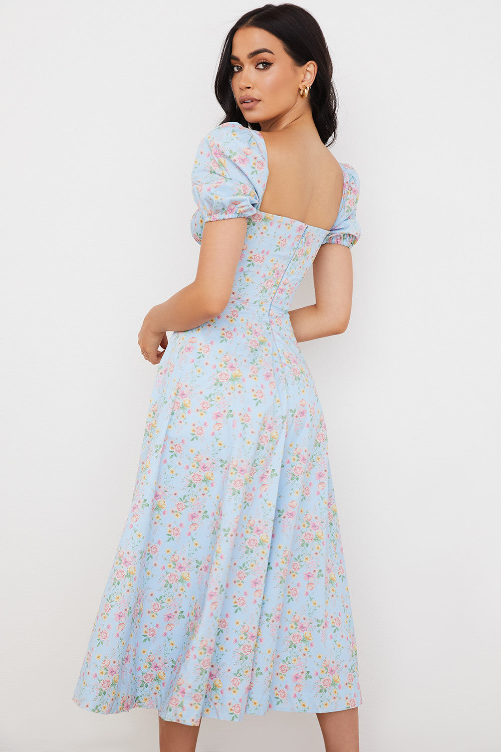 Midi sundress with floral puff sleeves