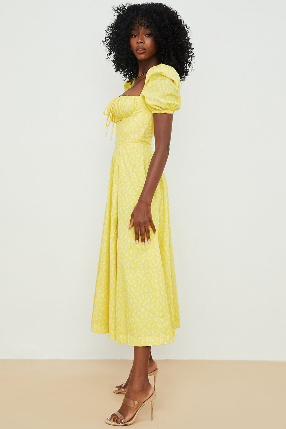 Midi sundress with floral puff sleeves