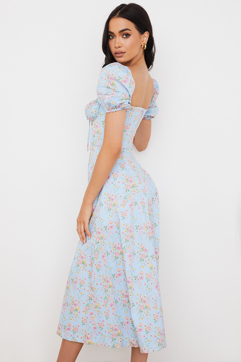 Midi sundress with floral puff sleeves