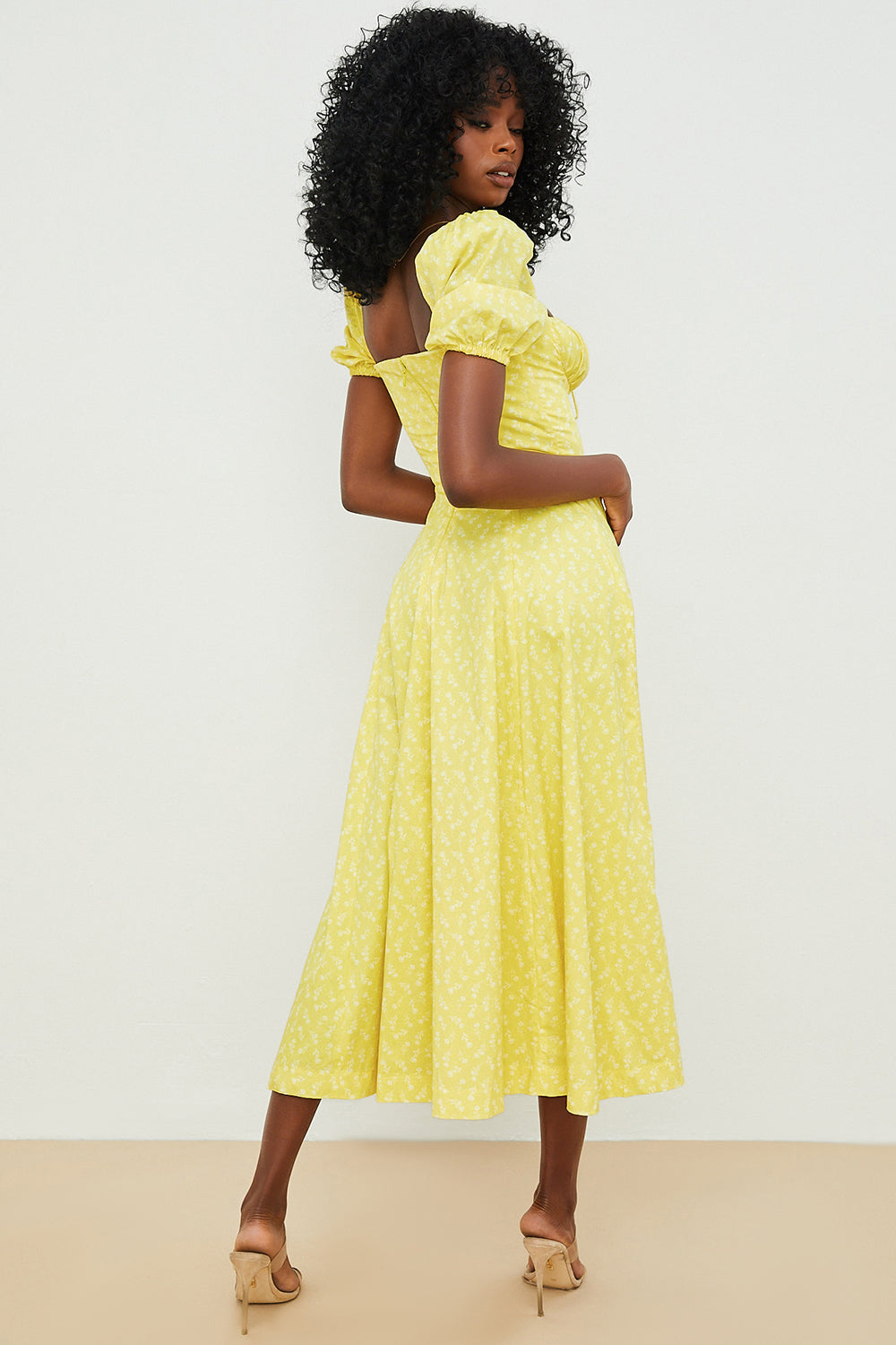 Midi sundress with floral puff sleeves