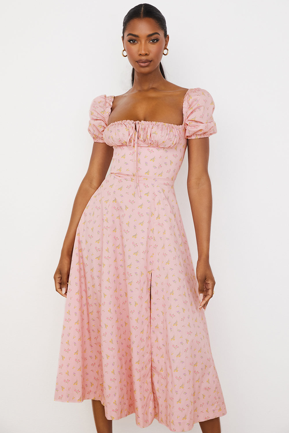 Midi sundress with floral puff sleeves