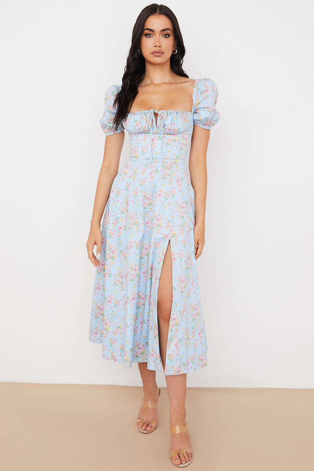Midi sundress with floral puff sleeves