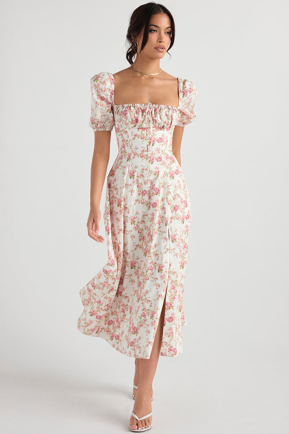 Midi sundress with floral puff sleeves