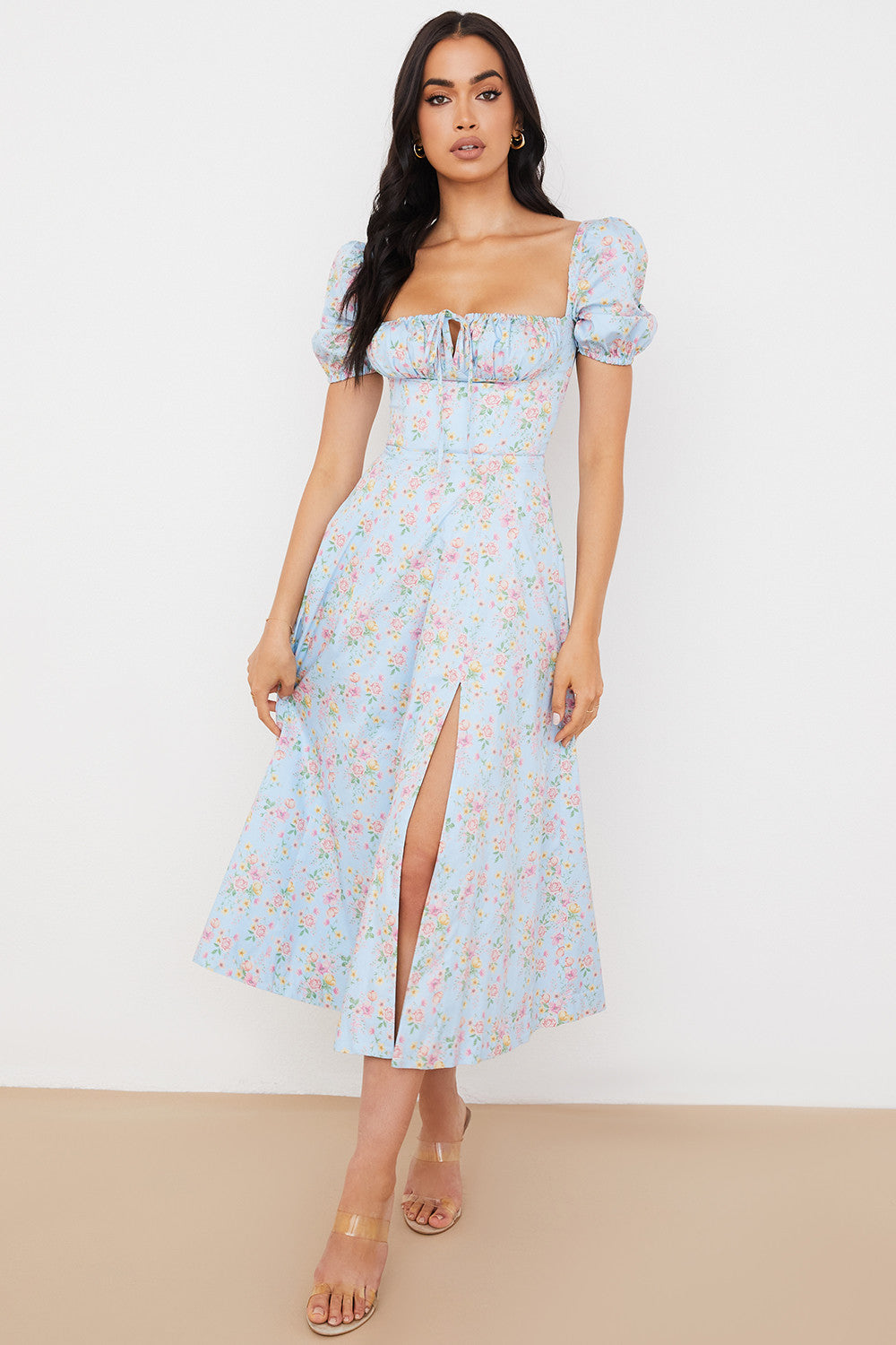 Midi sundress with floral puff sleeves
