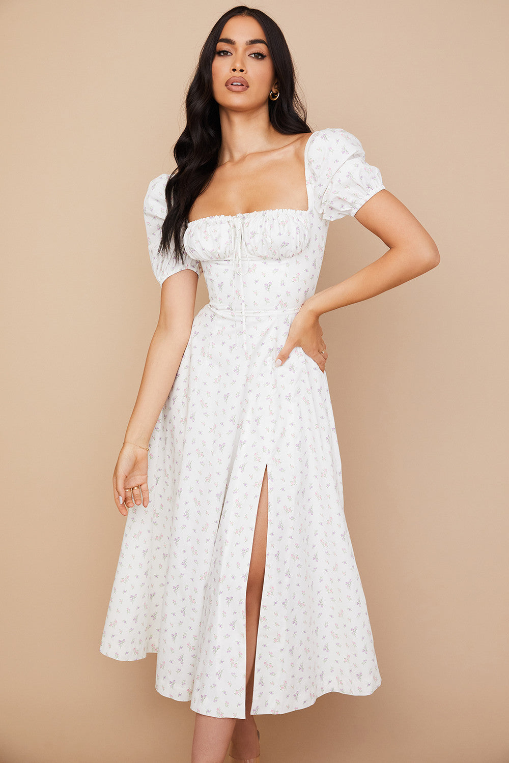 Midi sundress with floral puff sleeves