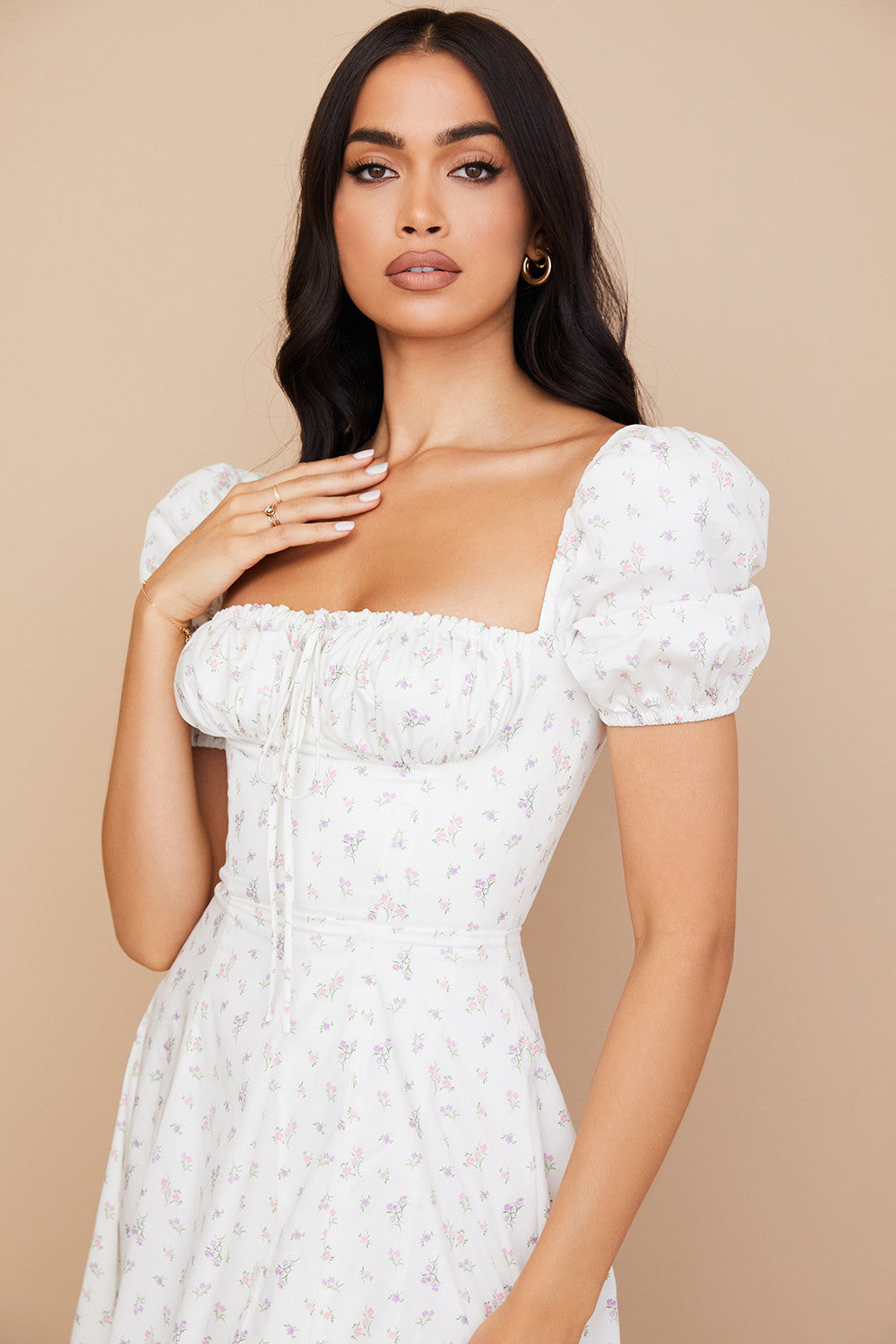 Midi sundress with floral puff sleeves
