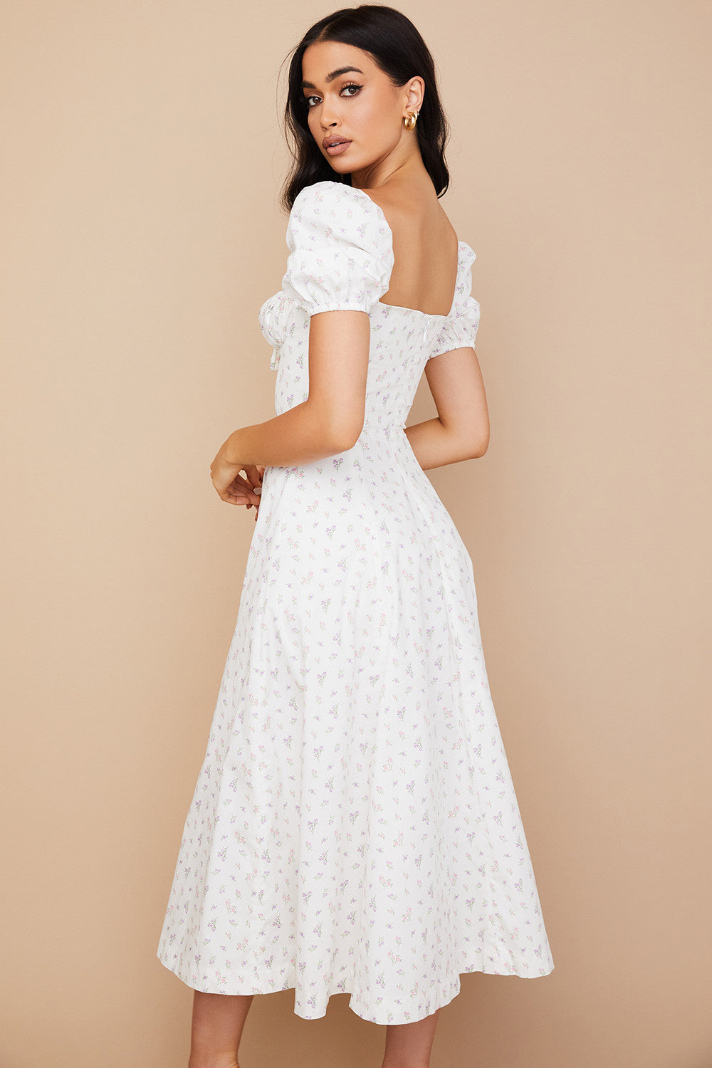 Midi sundress with floral puff sleeves