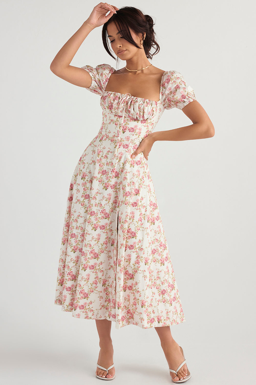 Midi sundress with floral puff sleeves
