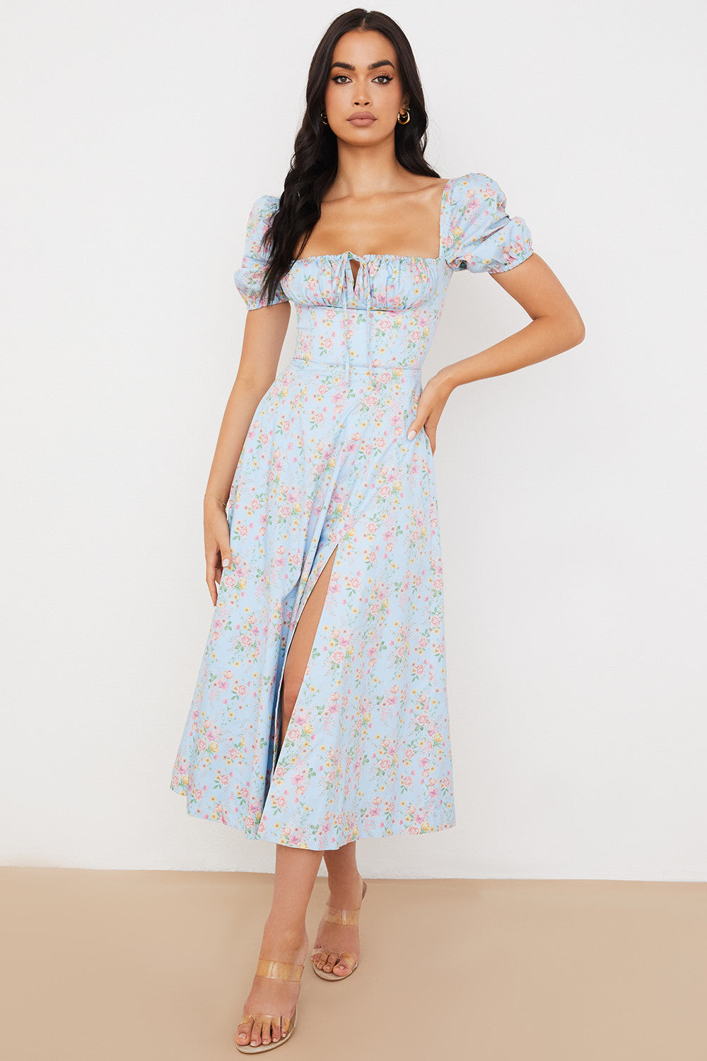 Midi sundress with floral puff sleeves