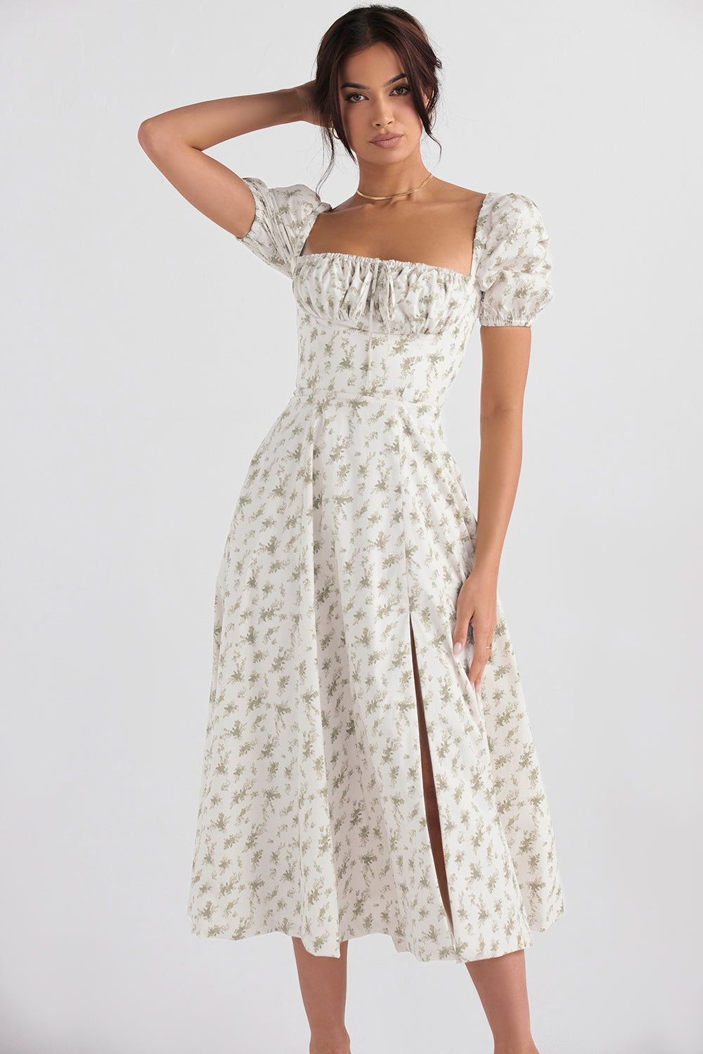 Midi sundress with floral puff sleeves