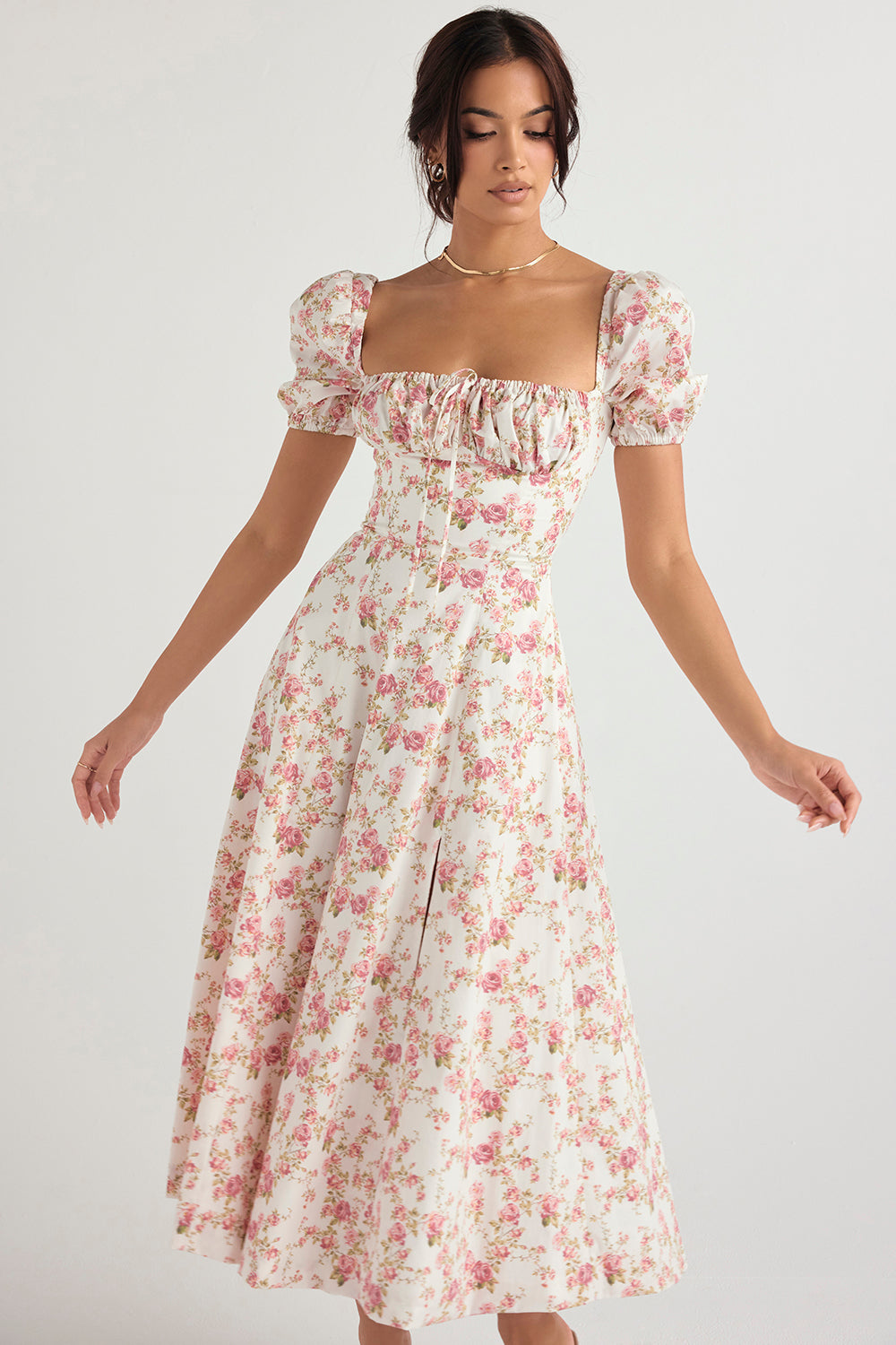 Midi sundress with floral puff sleeves